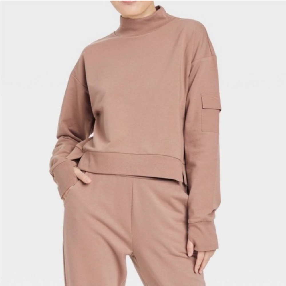 All In Motion French Terry Butter Wash Sweatshirt Mock Neck Taupe XXL - Picture 2 of 16